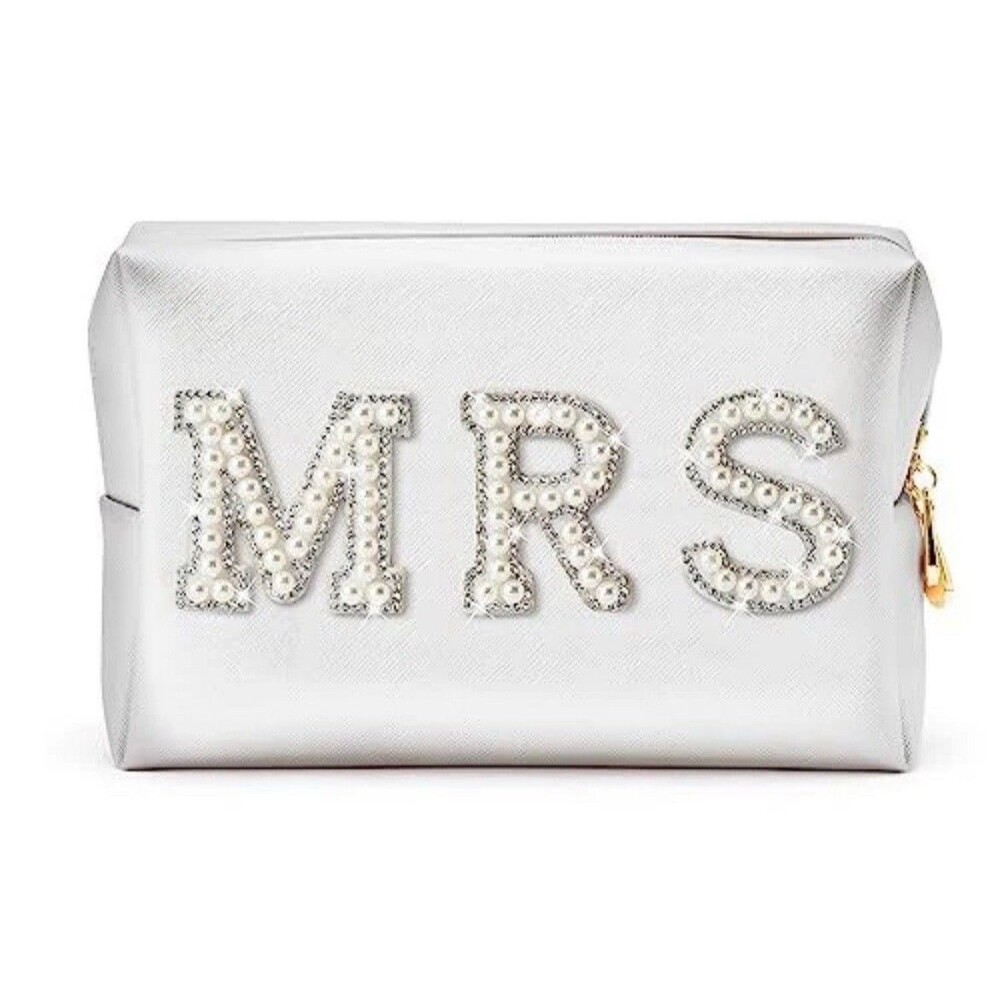 Mrs Cosmetic Large Bag 7.4" x 5.1" x 2.- White Patch Varsity Letter MRS Toiletry